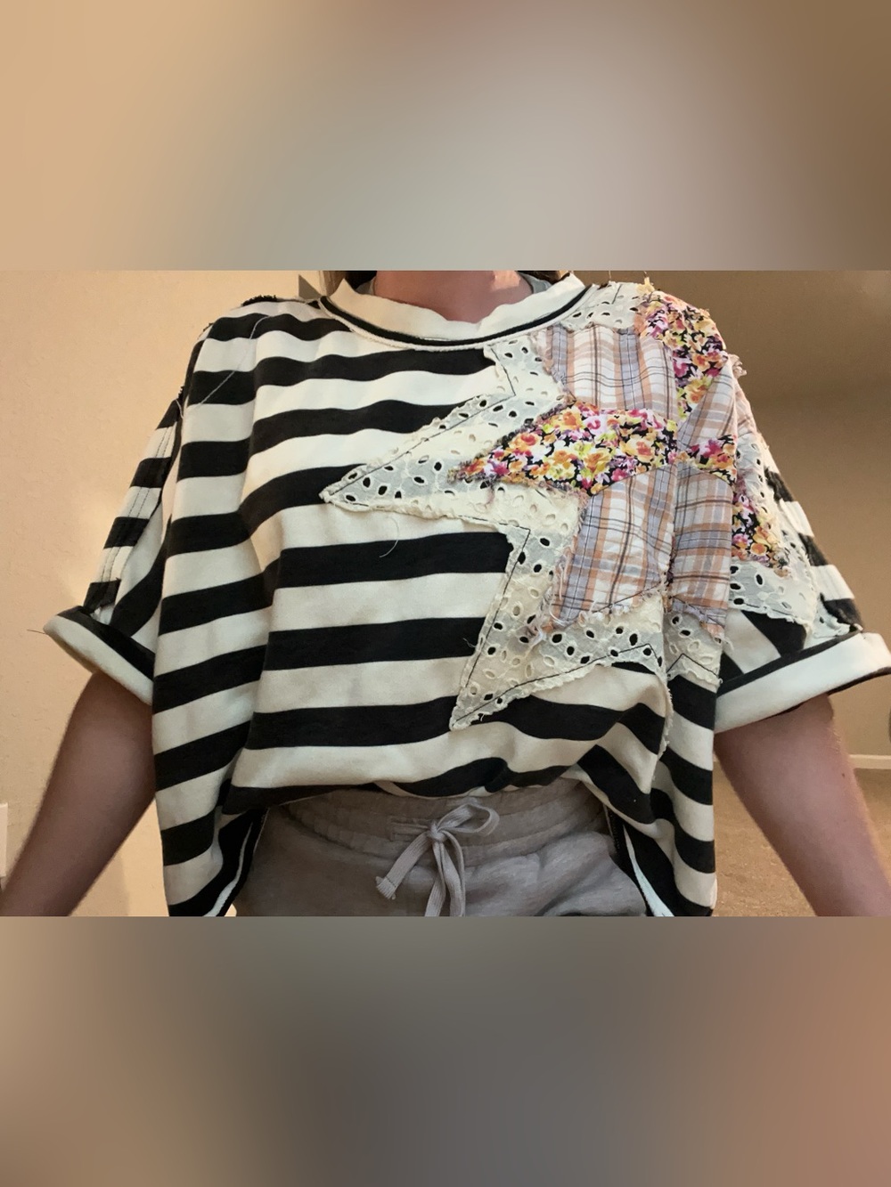 Oli & Hali Black Cream Striped Artsy Oversized Patchwork Star Top - Picture 5 of 5